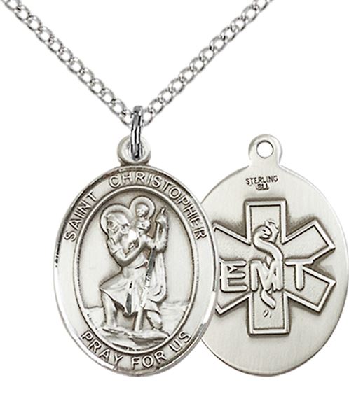 STERLING SILVER ST CHRISTOPHER PENDANT ON A CHAIN - 3/4" x 1/2"